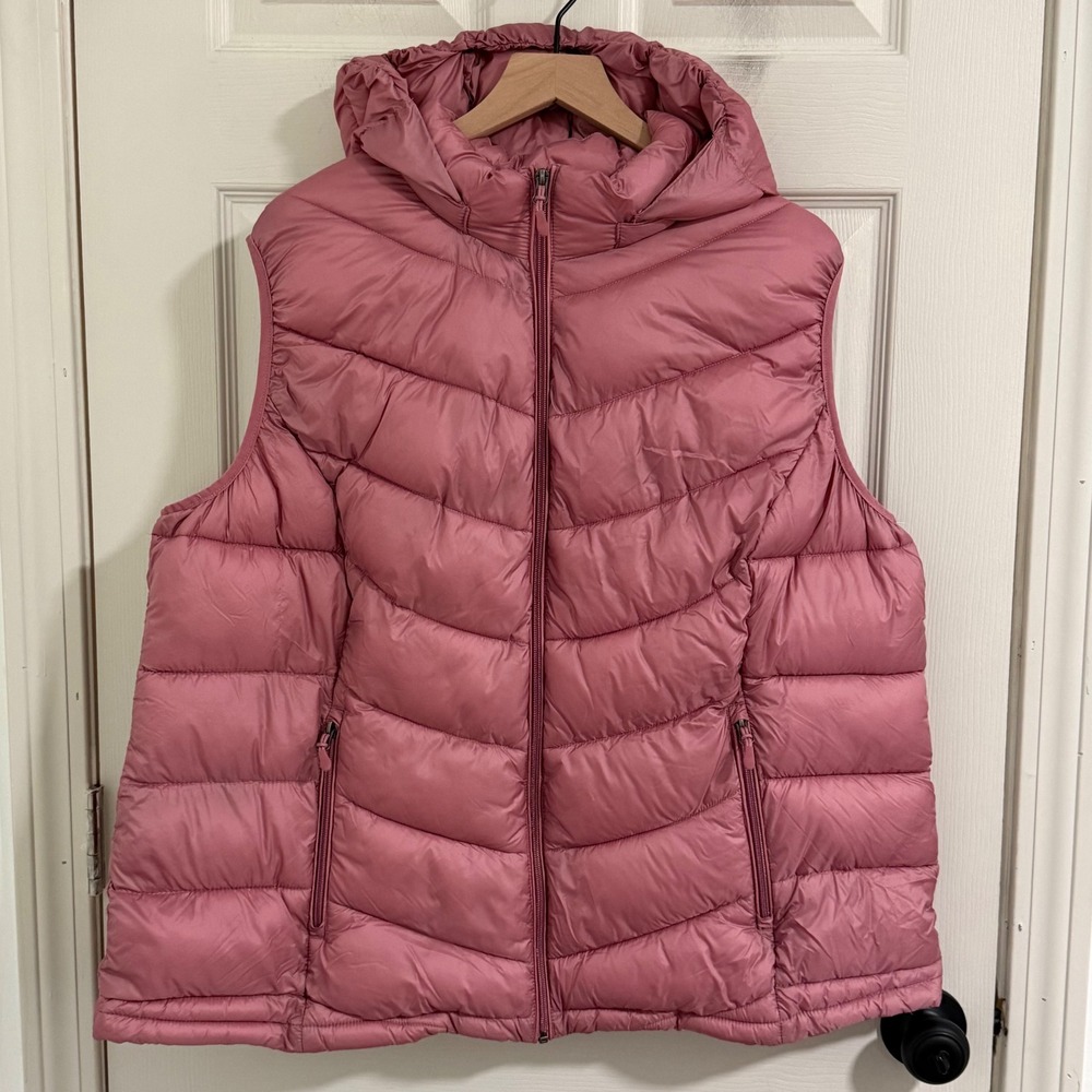 Charter Club Womens 3X Pink Hooded Puffer Vestโ Chevron Quilted Outdoor